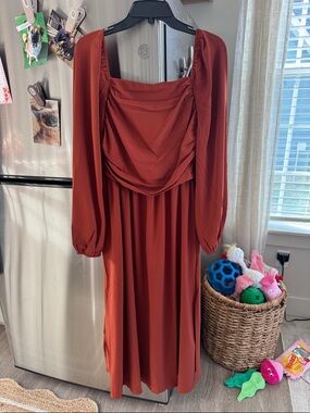 SHEIN Rust Orange Long Sleeve Midi Dress